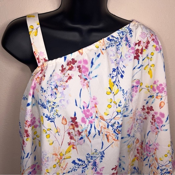 Small Y2K Era Cato Floral Blouse Top One Shoulder Asymmetrical White Pink Blue - Picture 14 of 14
